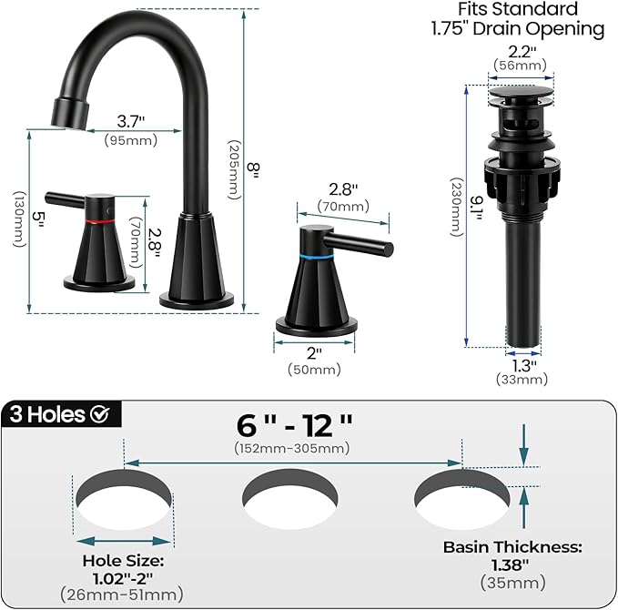 Bathroom Faucet 3 Hole,Mater Black Bathroom Sink Faucet with 360°Swivel Spout, 8 inch Widespread 2 Handle Faucet for Bathroom Sink Vanity RV with Pop-up Drain Supply Line Stainless Steel