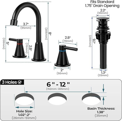 Bathroom Faucet 3 Hole,Mater Black Bathroom Sink Faucet with 360°Swivel Spout, 8 inch Widespread 2 Handle Faucet for Bathroom Sink Vanity RV with Pop-up Drain Supply Line Stainless Steel