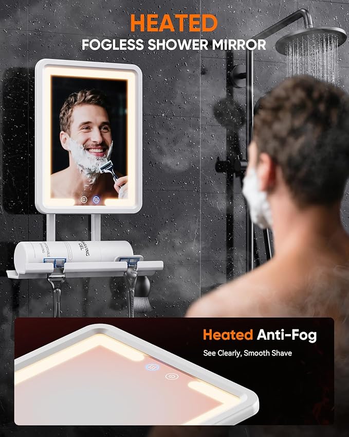 Heated Shower Mirror Fogless for Shaving (Gen 3) - 3 Colors Stepless Dimmable Lights, Anti-Fog Shaving Mirror with Razor Holder, No-Drilling, Removable - White