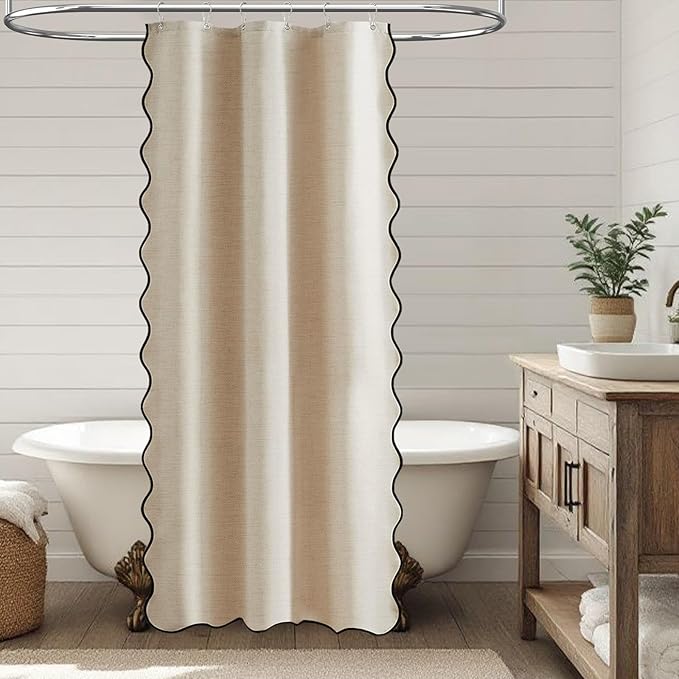 BTTN Boho Stall Shower Curtain, 36×72 Small Scalloped Linen Textured Heavy Duty Fabric Shower Curtain Set with 6 Hooks, Narrow Vintage Rustic Waterproof Cloth Shower Curtains for Bathroom, Beige/Cream