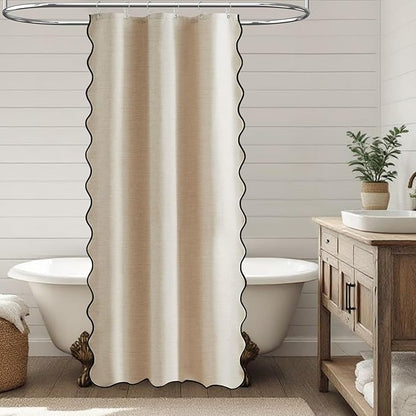 BTTN Boho Stall Shower Curtain, 36×72 Small Scalloped Linen Textured Heavy Duty Fabric Shower Curtain Set with 6 Hooks, Narrow Vintage Rustic Waterproof Cloth Shower Curtains for Bathroom, Beige/Cream