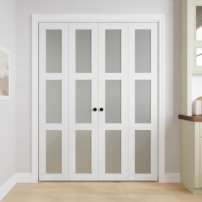 Bifold Doors for 60" x 80" Opening,3-lite Tempered Frosted Glass | Closet Folding Doors with Hardware kit Included, Easy Assembly for Pantry Closet, White,Water-Proof PVC Surface