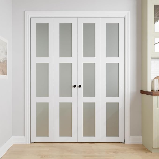 Bifold Doors for 64" x 80" Opening,3-lite Tempered Frosted Glass | Closet Folding Doors with Hardware kit Included, Easy Assembly for Pantry Closet, White,Water-Proof PVC Surface