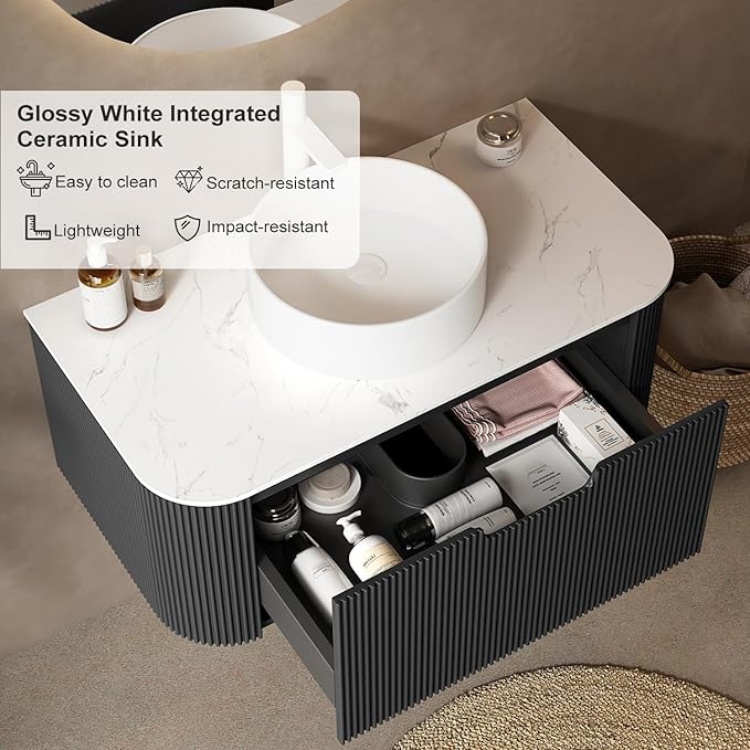 36 inch Floating Bathroom Vanity with Sink, Natural Solid Wood Modern Bathroom Vanities with Ultra-Thin Ceramic Basin and Marble Top, Soft-Close Design, Pre-Assembled, Gloss Black