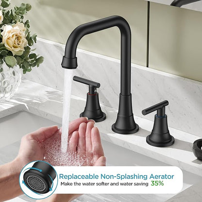 FORIOUS Black Bathroom Faucet for Sink 3 Hole,Widespread Matte Black Bathroom Sink Faucets,2 Handles RV Bathroom Faucets Vanity with Pop Up Drain and Supply Hoses