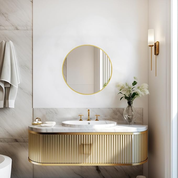 Small Round Mirror, 16 inch Gold Circle Mirror, Brushed Metal Frame | High Definition Mirror, Waterproof, Easy Installation, Circular Mirrors for Vanity, Nursery, Bedroom, Wall Décor