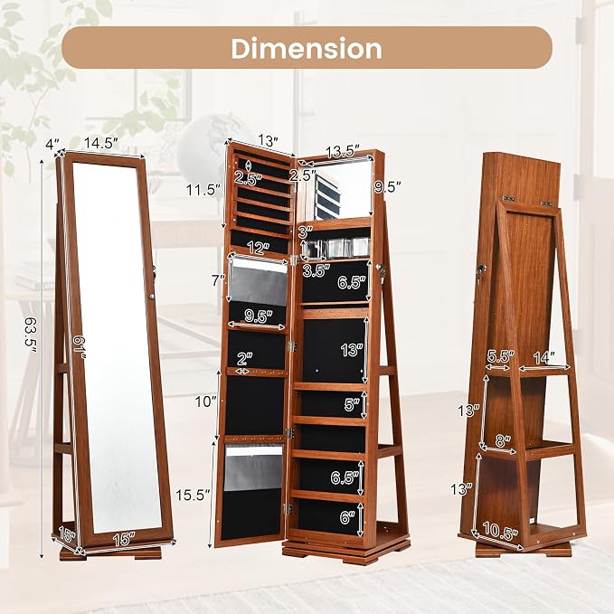 GOFLAME 360° Rotating Jewelry Armoire, Lockable Jewelry Cabinet with Full-Length Mirror & Inner Makeup Mirror, Standing Jewelry Storage Organizer with Rear Storage Shelves, Walnut
