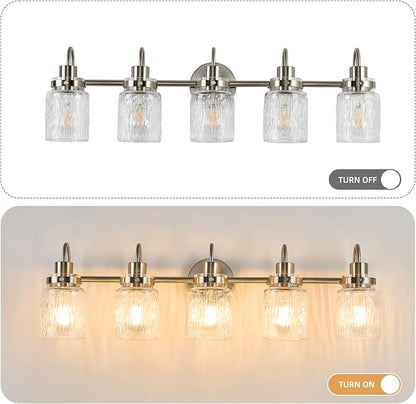 5 Lights Bathroom Vanity Light, Brushed Nickel Bathroom Light Fixtures with Hammered Glass Lampshade for Dressing Table,Over Mirror,Hallway