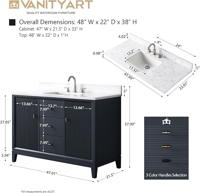 Vanity Art 48" Bathroom Vanity with Single Sink & Arabescato White Engineered Stone Top, Soft Closing Door, Solid Wood Frame, Golden Brushed Handles, Vintage Spruce Blue VA8148-VSB-GB