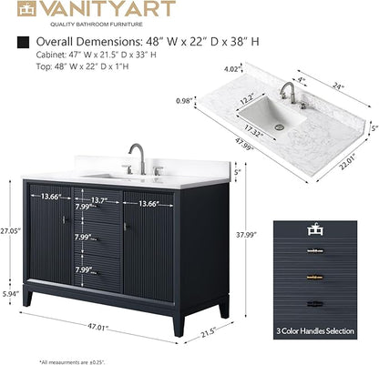 Vanity Art 48" Bathroom Vanity with Single Sink & Arabescato White Engineered Stone Top, Soft Closing Door, Solid Wood Frame, Golden Brushed Handles, Vintage Spruce Blue VA8148-VSB-GB