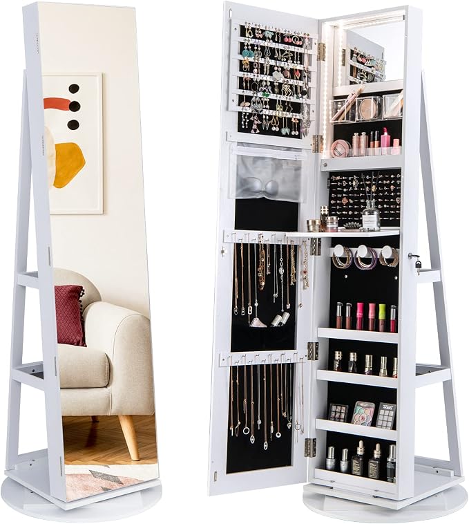 GOFLAME 360° Rotating Jewelry Cabinet with Full-Length Mirror, Freestanding Jewelry Armoire with 3-Color LED Light and Back Storage Shelf, Lockable Jewelry Organizer for Bedroom Cloakroom, White