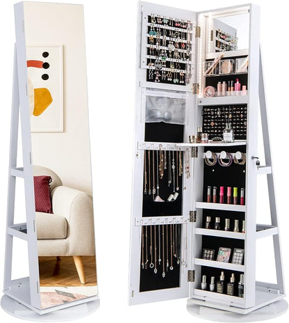 GOFLAME 360° Rotating Jewelry Cabinet with Full-Length Mirror, Freestanding Jewelry Armoire with 3-Color LED Light and Back Storage Shelf, Lockable Jewelry Organizer for Bedroom Cloakroom, White