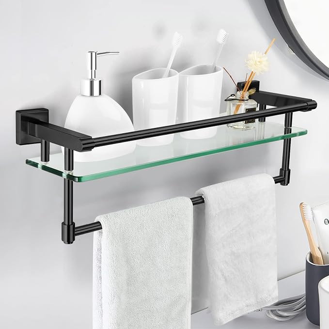 20-inch Glass Shelf with Towel bar, Matte Black-Finished Rail, Rectangular Stainless Steel Shelf, wall-Mounted Storage Rack