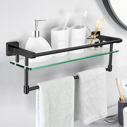20-inch Glass Shelf with Towel bar, Matte Black-Finished Rail, Rectangular Stainless Steel Shelf, wall-Mounted Storage Rack