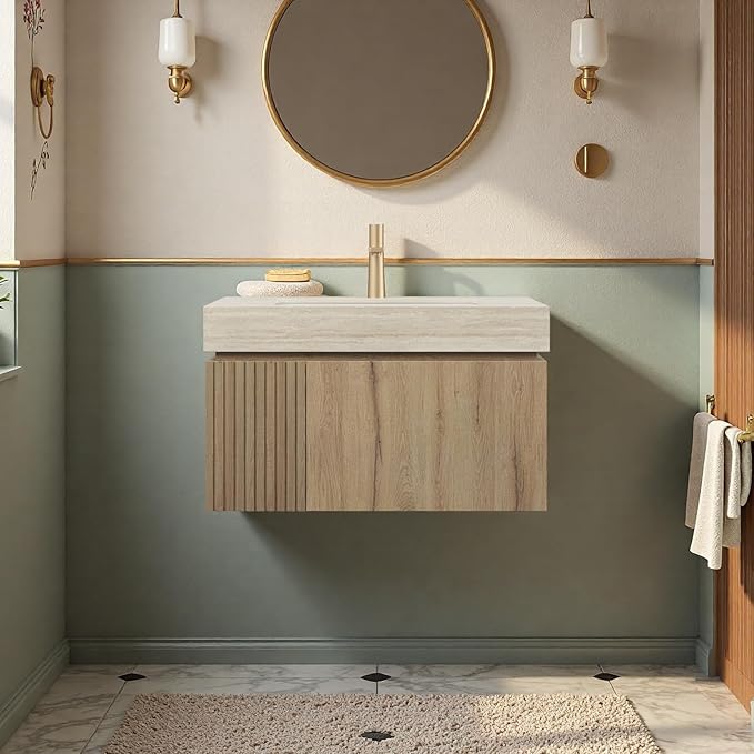 30" Bathroom Vanity with Sink, Wall-Mounted Plywood Bathroom Storage Cabinet with Ceramic Basin & Sintered Stone Countertop, Modern Pre-Assembled Floating Vanity with Drawer & Door, Oak