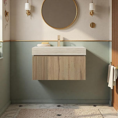 30" Bathroom Vanity with Sink, Wall-Mounted Plywood Bathroom Storage Cabinet with Ceramic Basin & Sintered Stone Countertop, Modern Pre-Assembled Floating Vanity with Drawer & Door, Oak