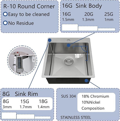 18x18 Inch Bar Sink Drop In Kitchen Sink, Topmount Stainless Steel Square Small Workstation Sinks, Single Bowl Kitchen Sinks for Laundry Wet Bar Prep RV Office Outdoor Yard