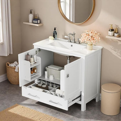 36" Freestanding Bathroom Vanity with Sink, Floor Stand Bathroom Storage Cabinet with Ceramic Sink, Doors with Double-Layered Storage Shelves, Modern Compact Vanity with Divided Drawer, White