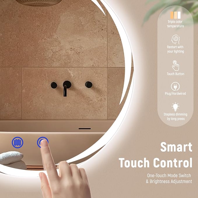32“ x 32” LED Bathroom Smart Mirror- Anti-Fog, Round Mirror with Three Color Light Temperature Brightness Settings,Backlit + Front Lit,Wall-Mounted Vanity Mirror with Memory Function