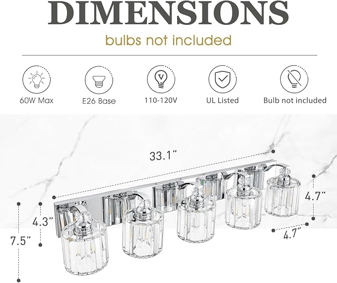 5-Light Modern Bathroom Light Fixture Chrome Vanity Lights Over Mirror Wall Sconce Lighting with K9 Crystal Shades Bathroom Wall Lamp E26 Base for Bedroom, Living Room, Hallway