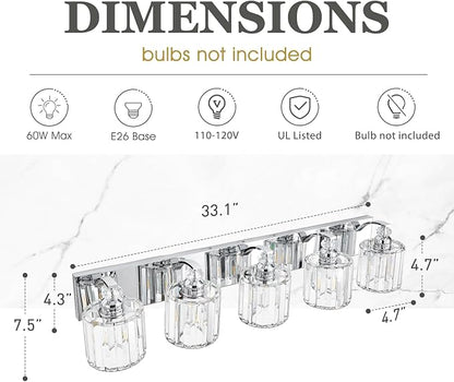 5-Light Modern Bathroom Light Fixture Chrome Vanity Lights Over Mirror Wall Sconce Lighting with K9 Crystal Shades Bathroom Wall Lamp E26 Base for Bedroom, Living Room, Hallway