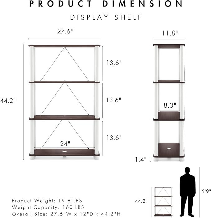 Homes: Inside + Out Apexa Modern 4-Tier Wide Shelving Units, Collectibles Display Shelves, Easy Assembly Standing Shelf, Home Storage Organizer for Living Room, Bedroom, Office, Espresso