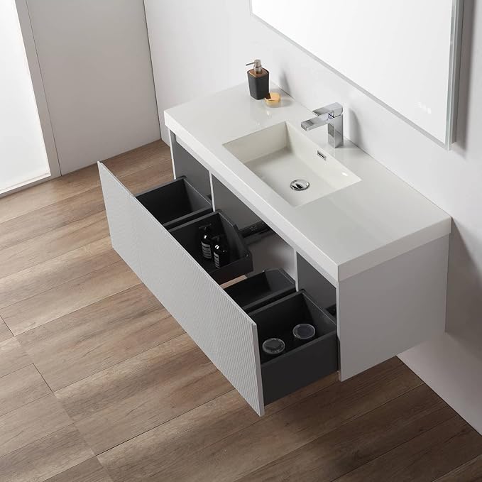 Blossom Wall Mounted 48 Inch Bathroom Vanity with Sink | All Wood Floating Bathroom Vanity Cabinet with Acrylic Sink, Soft-Close Drawer, Modern Minimalist Style Vanities for Bathroom (Light Grey)