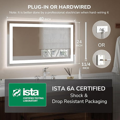 40x24 Inch LED Bathroom Mirror for Over Sink | Tempered Glass - Frameless Backlit Lighted Mirror for Bathroom Vanity with Anti-Fog, 3 Colors Dimmable, Memory Function