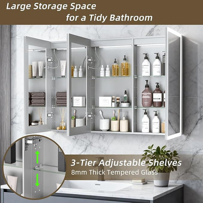 Medicine Cabinet with Lights, Bathroom LED Mirror Cabinet with Storage, Anti-Fog & 3 Color Lights, Recessed or Wall Mounted (72X32 in)