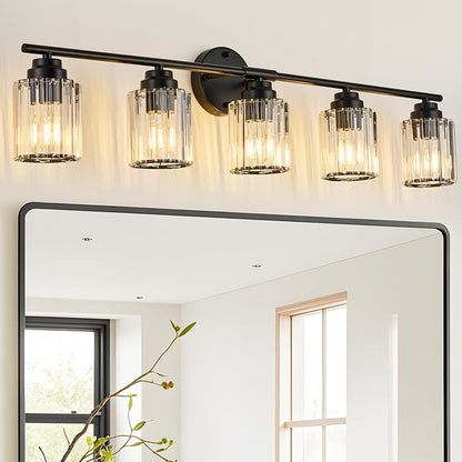 37.4" Crystal Bathroom Lighting Fixtures Over Mirror, 5-Light Balck Vanity Light Fixture, Vanity Lights with Clear Crystal Shade, E26 Base Wall Sconces for Bathroom, Bedroom, Hallway