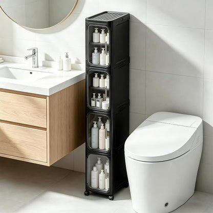 4-Tier Narrow Storage Cabinet Slim Bathroom Tall Skinny Organizer,Black | Foldable Storage Cabinet with Lockable Rolling Wheels Magnetic Clear Door Adjustable Detachable Shelves For Narrow Space