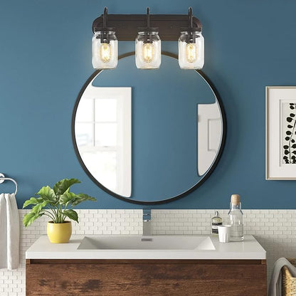 JONATHAN Y 19.3" Oil Rubbed Bronze 3-Light Iron and Glass Mason Jar Vanity Light, Farmhouse Industrial Rustic Wall Sconce for Bathroom, UL Listed, LED Bulbs Included JYL7801A