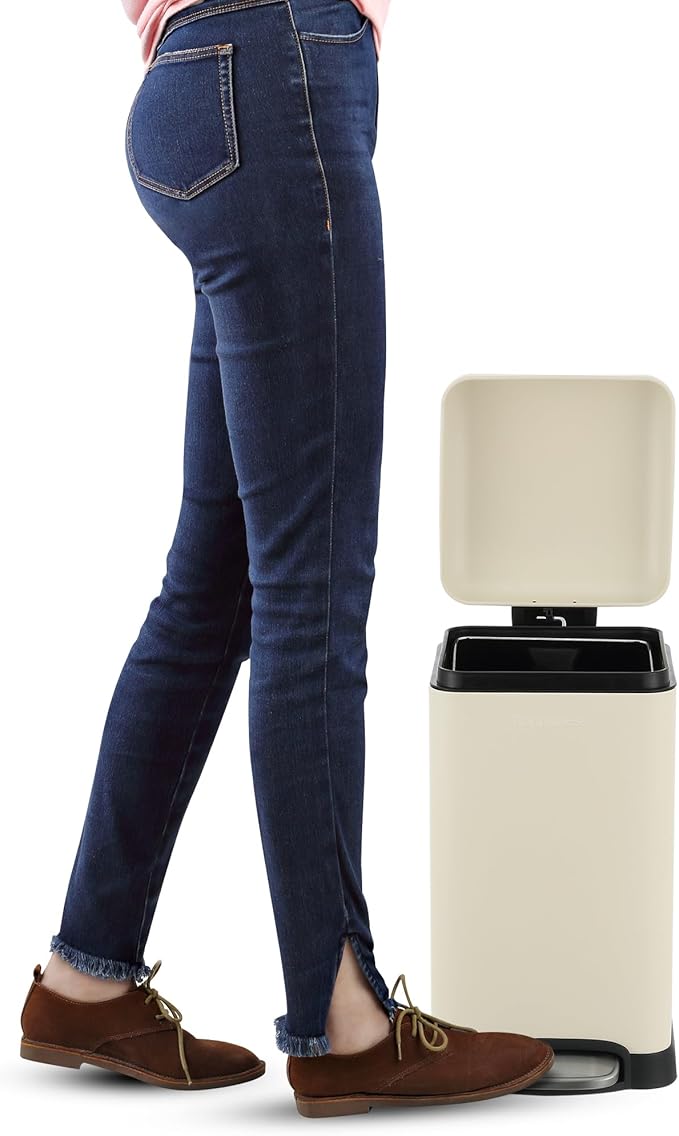 happimess Betty Retro Mini 3.2 Gal Step Trash Can, Limestone Beige | Soft-Close Lid, Removable Liner, Iron, Hands-Free Pedal, Satin Finish, Non-Skid Base, Built-In Damper, Modern, Minimalistic