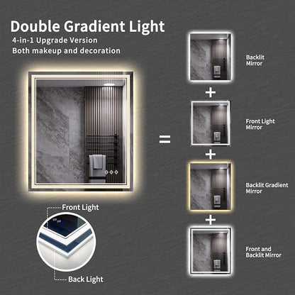 LED Bathroom Mirror, 28x32 Inch Gradient Front and Backlit LED Vanity Mirror, 3 Colors Dimmable CRI>90 Double Lights, IP54 Enhanced Anti-Fog, Hanging Plates Wall Mount Backlit Mirror