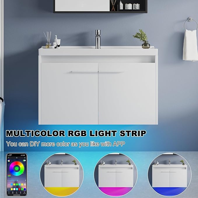 4ever2buy 31" Floating Bathroom Vanity with Sink, Modern White Bathroom Vanity with LED Light, Wall Mounted Sink Cabinet with 2 Doors, White
