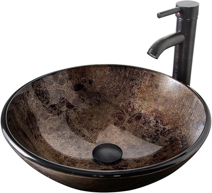 YOURLITE Bathroom Vessel Sink – Modern Tempered Glass Washing Bowl with Oil Rubbed Bronze Faucet and Pop Up Drain 16.5 Inch