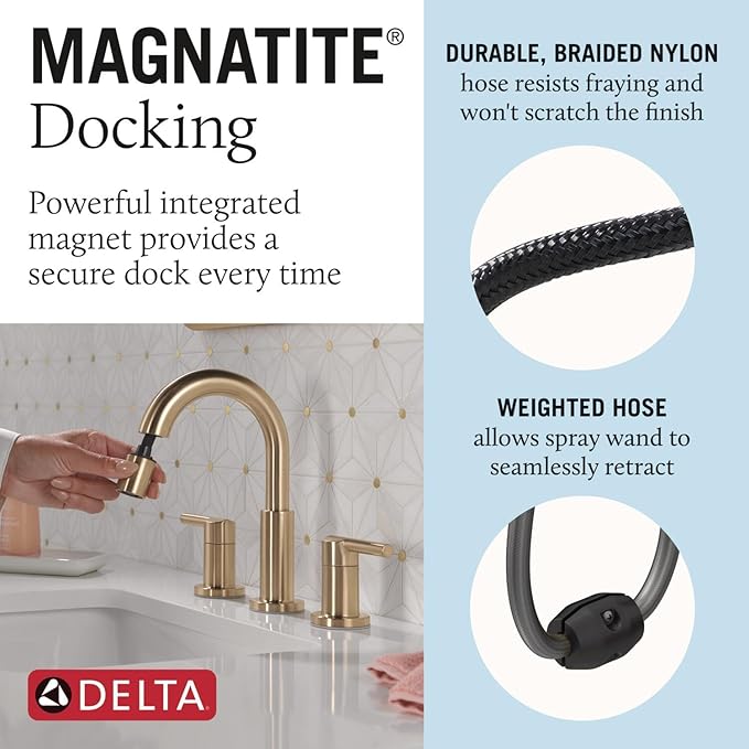 Delta Nicoli Brushed Gold Bathroom Faucet with Sprayer, 8 Inch 3 Hole Widespread Bathroom Sink Faucet with Pull Out Sprayer, Push-Pop Drain, Champagne Bronze 35749LF-CZPD