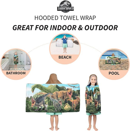 Jurassic World Dominion Soft Bath/Pool/Beach Cotton Terry Hooded Towel Wrap, 24 Inches x 50 Inches, By Franco Kids