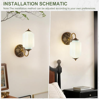 Vintage Gold Milk Glass Wall Sconce, Wall Light Set of Two - Vintage Mint Blue Shade & Brass Finish Base, Indoor Hardwired Wall Lighting Fixture for Foyers, Bedroom, etc (Bulbs Included)- Milk Blue