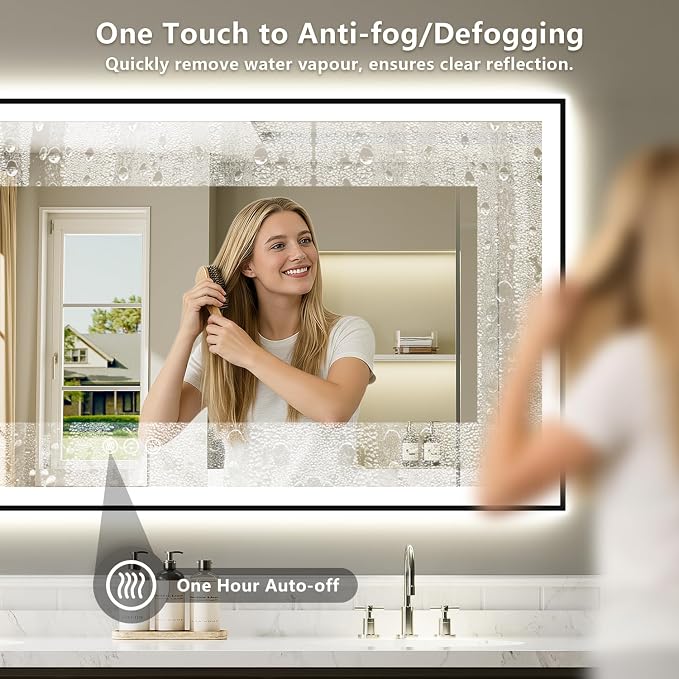 72x40 LED Bathroom Mirror with Lights, Black Framed Lighted Mirror | Backlit and Front Light, Anti-Fog, 3 Color Dimmable, Memory, Tempered Glass, IP54 Waterproof, UL Listed