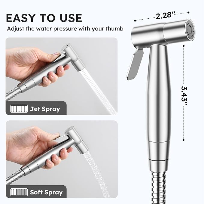 Arofa Handheld Bidet Sprayer, Bidet Attachment for Toilet, Brushed Nickel | Adjustabel Water Flow, Leak-Free Hose, 7/8" T-valve, Fits Two-Piece Toilet, Feminine/Baby Wash, Easy Install, Stainless Steel