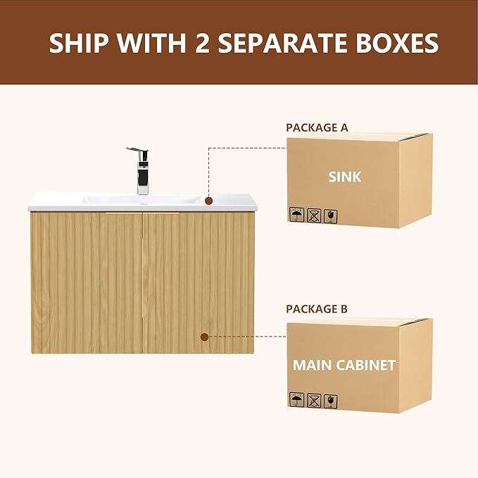 Modern Bathroom Vanity with Wavy Textured Doors - Wall Mounted Floating Cabinet, Soft-Close Waterproof Storage for Small Bathroom, Easy Install (Nature with Sink, 30)