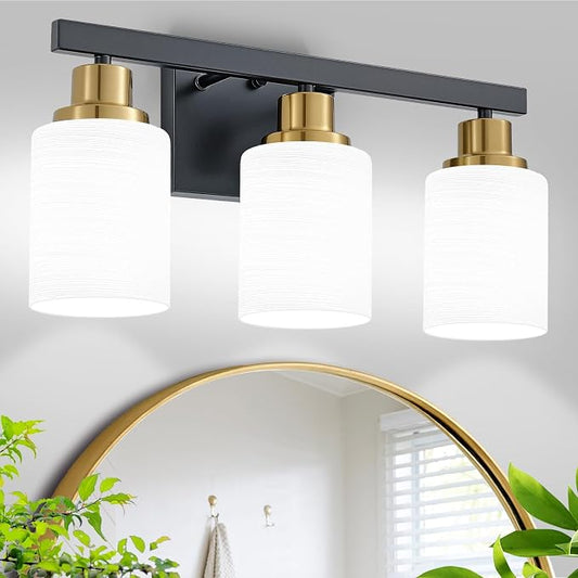 3-Light Vanity Lights,Black and Gold Bathroom Light Fixtures,17" | Modern Black Vanity Lights with White Frosted Glass Shade,Bathroom Lighting Fixtures over Mirror Wall Lamp Sconces