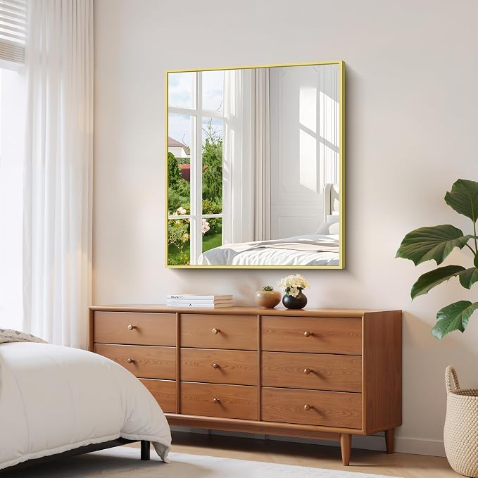 YIROMAN Bathroom Mirror 36"x40", Large Brushed Gold Bathroom Mirror for Over Sink with Aluminum Frame, Rectangular Vanity Mirror with Right Angle, Wall Mirror Hangs Horizontal or Vertical