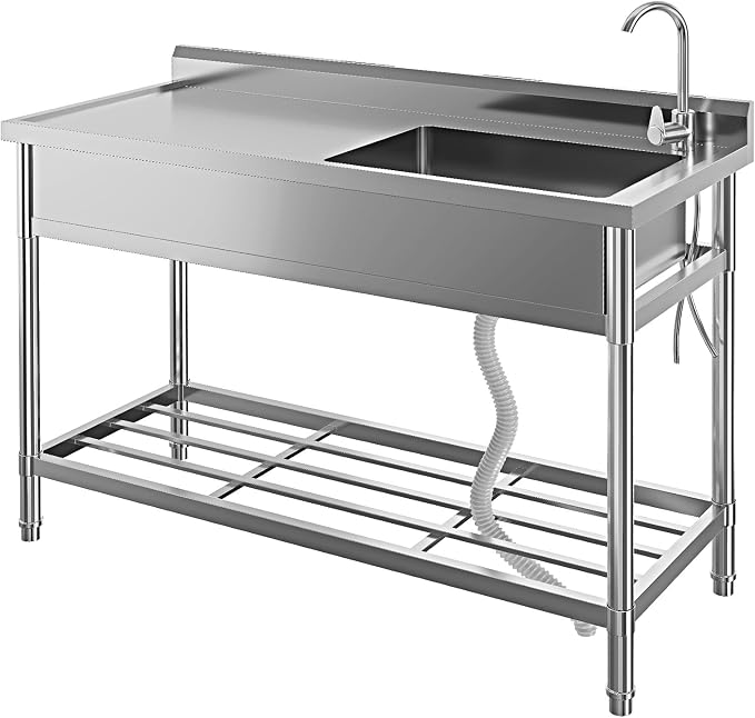 Stainless Steel Utility Sink, 47" Single Bowl Commercial Sink | Free Standing Utility Sink with Cold and Hot Water Pipe & Workbench, for Kitchen, Laundry