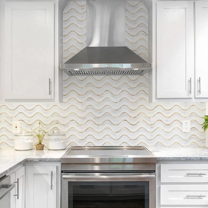 Vamos Tile Peel and Stick Backsplash Seamless Tile,Dolomite+White+Gold,10 | Stick on Backsplash for Kitchen and Bathroom, PVC Mix Metal Gold Self Adhesive Wall Tiles,11.8''x10.15''