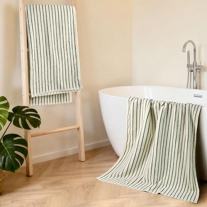 Jacquotha Green Striped Bath Towels Set of 2, Lighter & Quick Dry Towels Large 27.5 x 55 inches, Farmhouse for Bathroom Decor, Shower, Pool Days