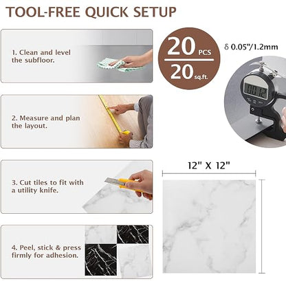 Peel and Stick Floor Tile, 20 PCS 12" x 12" Checkered Waterproof Marble Texture Luxury Vinyl Tiles, Easy DIY Self Adhesive Vinyl Flooring for Bathroom, Kitchen, Living Room, Black/White