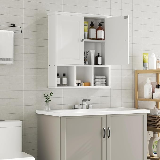 Shintenchi Bathroom Medicine Cabinet, Wall Mounted, Adjustable Shelf, White | Over The Toilet Cupboard, Open & Concealed Storage, 2 Magnet Doors, Space-Saving, Easy to Clean