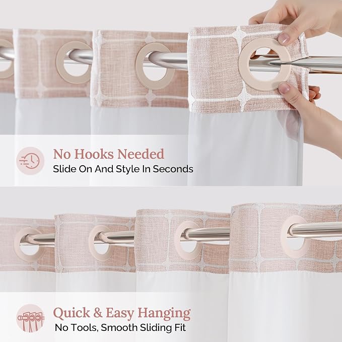 River Dream Farmhouse No Hooks Shower Curtain with Snap-in Liner,Pink,71x74 | Snap on Fabric Liner,Heavy Duty,Quick Dry,Mesh Top Window,With Bottom Magnets,Washable,with Tassels,Standard Size